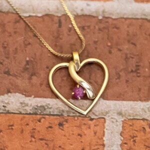 17 inch, Vintage Gold Filled Dainty Heart Pendant Pink Rhinestone Necklace - W27